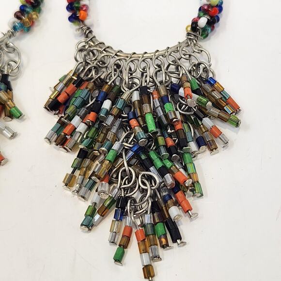 Sassy Jones Seed Bead Dangle Hook Fringe Earrings Silver Tone Statement Jewelry - Picture 4 of 5